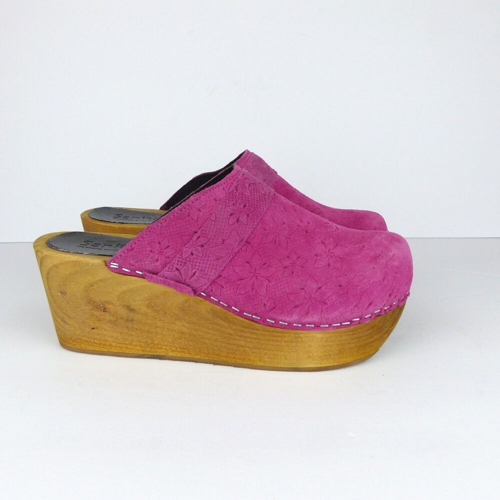 Sanita Platform Mule Clogs Womens 8-8.5 US 39 Pink Floral Suede Boho Sweden - Picture 4 of 16